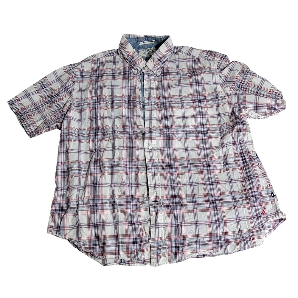 Nautica Mens XXL Short Sleeve Button Down Shirt Red White Blue Plaid Cotton